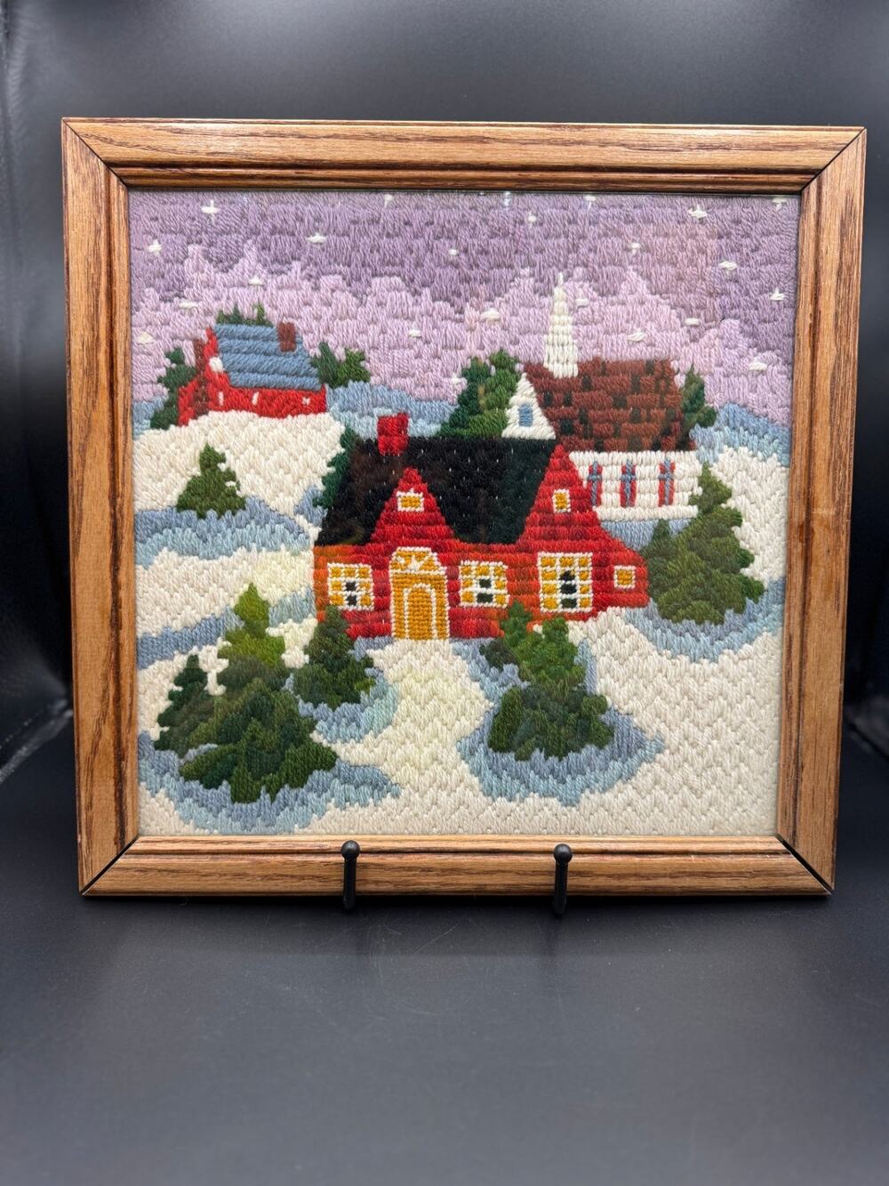 Winter Village Crewel, Vintage 1981 Paragon Needlecraft "Winter Scene," Framed